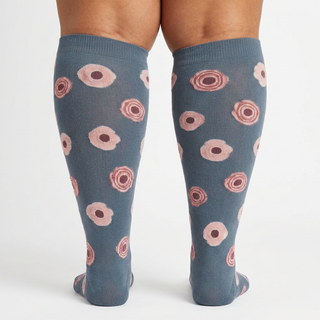 Grey flowers wide calf compression socks knee-high